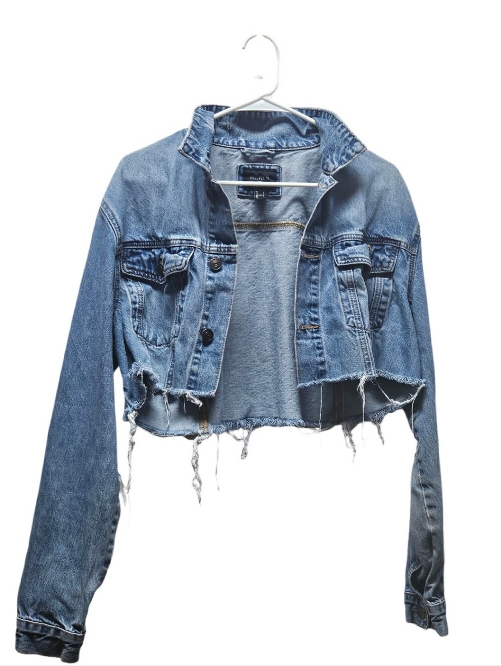 Forever 21 Light Blue Cropped Distressed Denim Jacket Sz. Lg